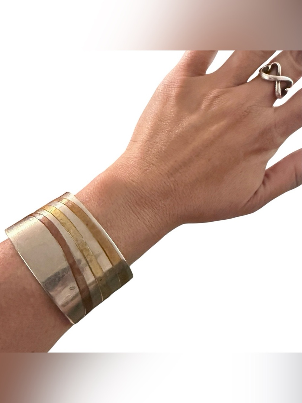 Vintage Mixed Metals Wide Cuff Bracelet in Silver Bronze Brass, Adjustable